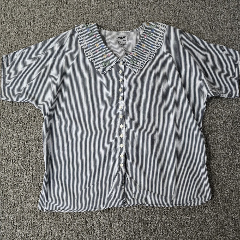 Vintage 90s At Last Blouse M Blue Stripe Embroidered Floral Collar Cottagecore